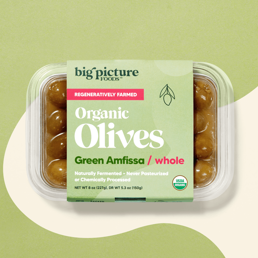 Organic Olives, Greek Olives, Regeneratively Farmed, Fermented, Big Picture Foods, Better Food, Clean Eating, Clean Ingredients